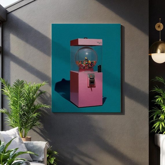 Retro Pink Gumball Machine Teal Background Pop Art Candy Nostalgia Poster