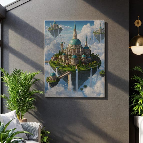 Floating Castle Canvas Wall Art Fantasy Sky City With Waterfalls And Cloudswhimsical Architectural Artwork For Magical Home Office Decor
