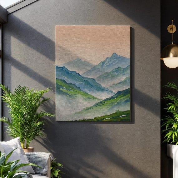 Mountain Landscape Canvas Wall Art Blue Green Ridge Painting With Mist Watercolor Style Framed Print For Natureinspired Home Decor