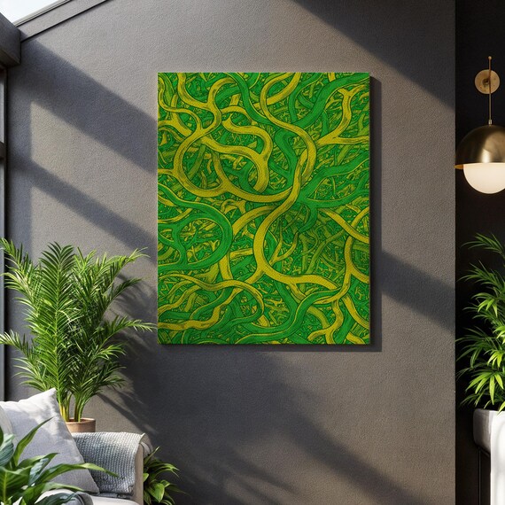 Green Yellow Interwoven Lines Abstract Labyrinth Pattern Art Poster