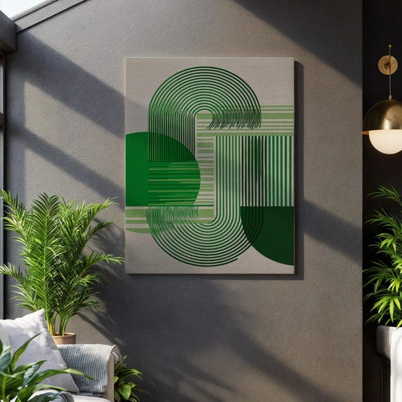 Green Geometric Canvas Wall Art Retro Abstract Lines And Circles Modern Bold Pattern Print Framed Minimal Decor For Home Or Office