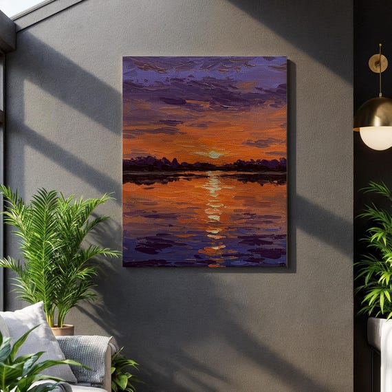 Sunset Lake Reflection Vibrant Landscape Scene Framed Impressionist Detail Colorful Nature View Serene Home Ambiance Dream Gift Moment