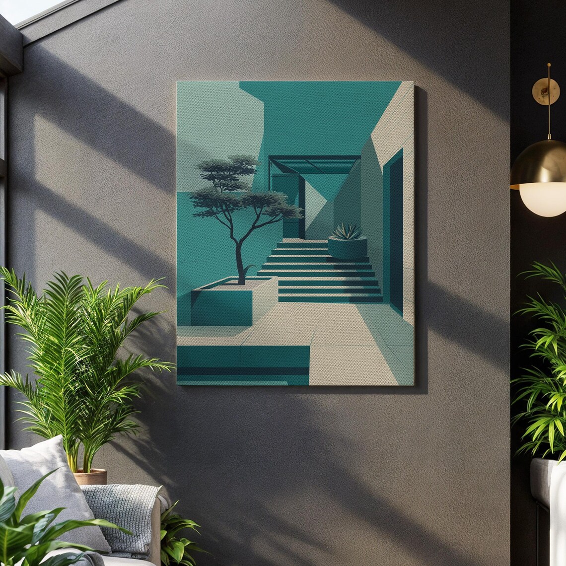 Minimalist Architecture Canvas Art Teal Mediterranean Courtyard Scene With Tree And Stairs Modern Geometric Wall Print For Calm Interiors