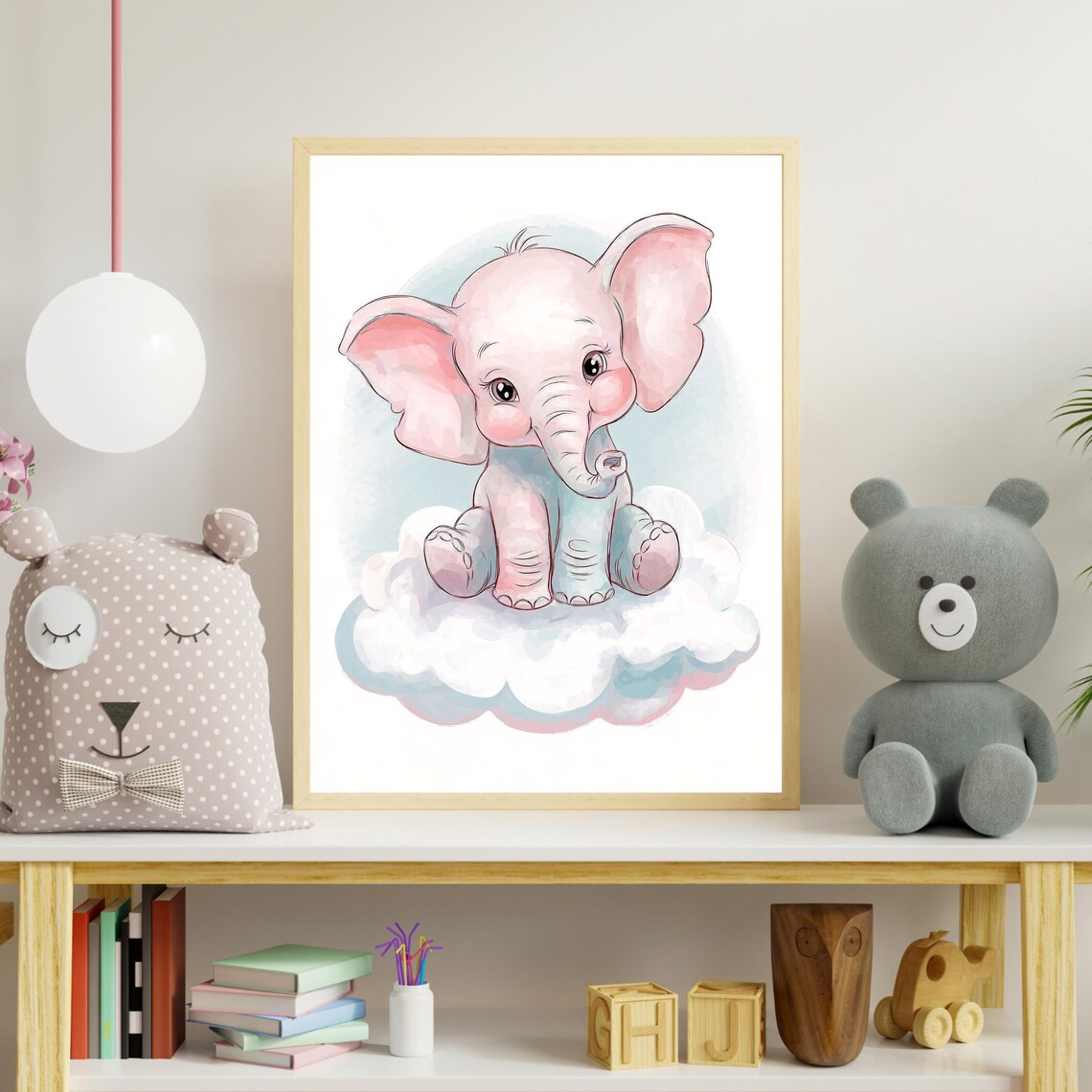 Baby Elephant Nursery Art Print, Cloud Decor