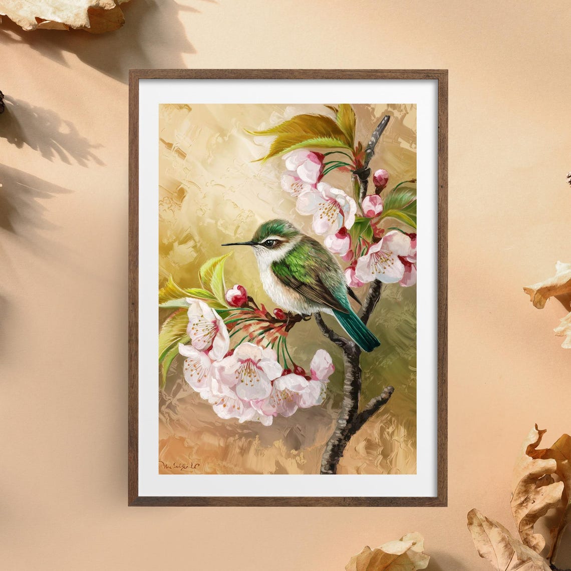 Hummingbird On Cherry Blossom Poster Spring Botanical Floral Painting