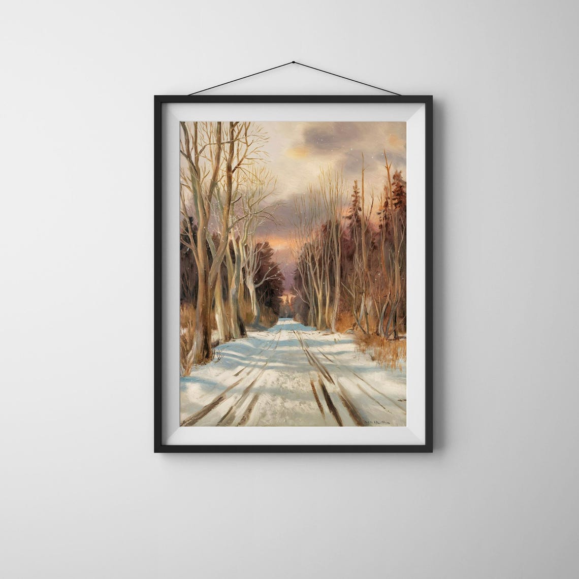 Snowy Winter Road Through Birch Trees at Dusk Vintage Art Poster