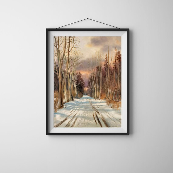 Snowy Winter Road Through Birch Trees at Dusk Vintage Art Poster