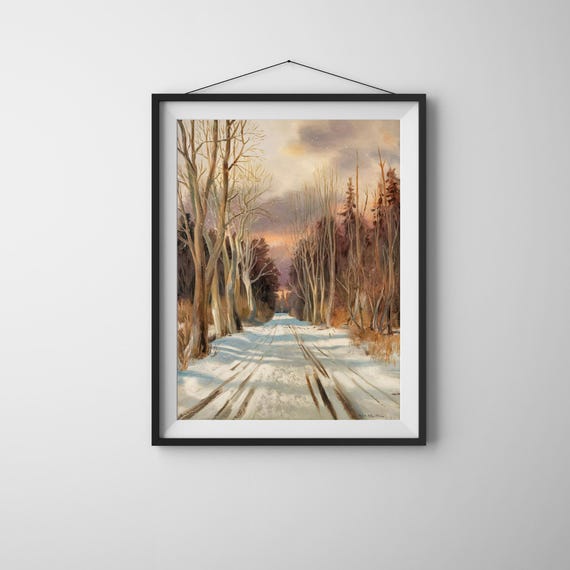 Winter Forest Road Sunset Wall Art Print For Rustic Home Decor And Seasonal Landscape Nature
