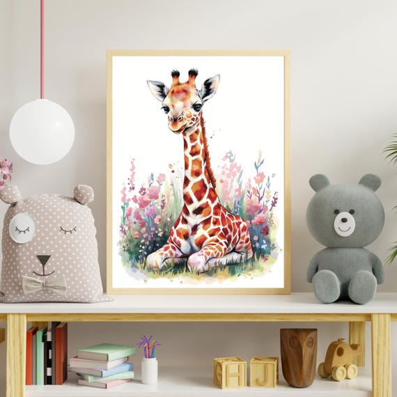 Baby Giraffe Nursery Art Safari Animal Wall Decor Jungle Theme Print Cute Poster Artwork