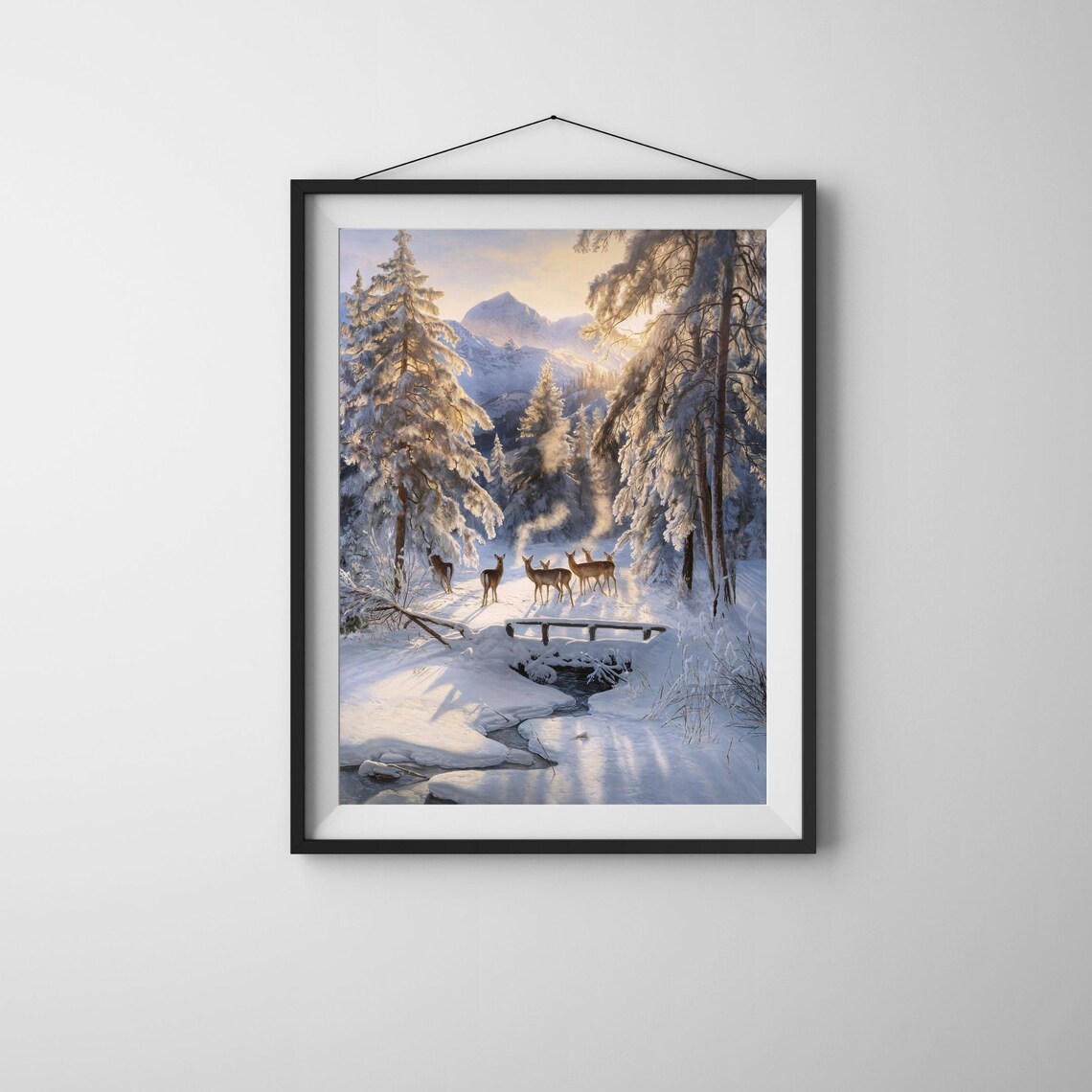 Deer Herd in a Snowy Forest With Icy Stream Winter Art Poster