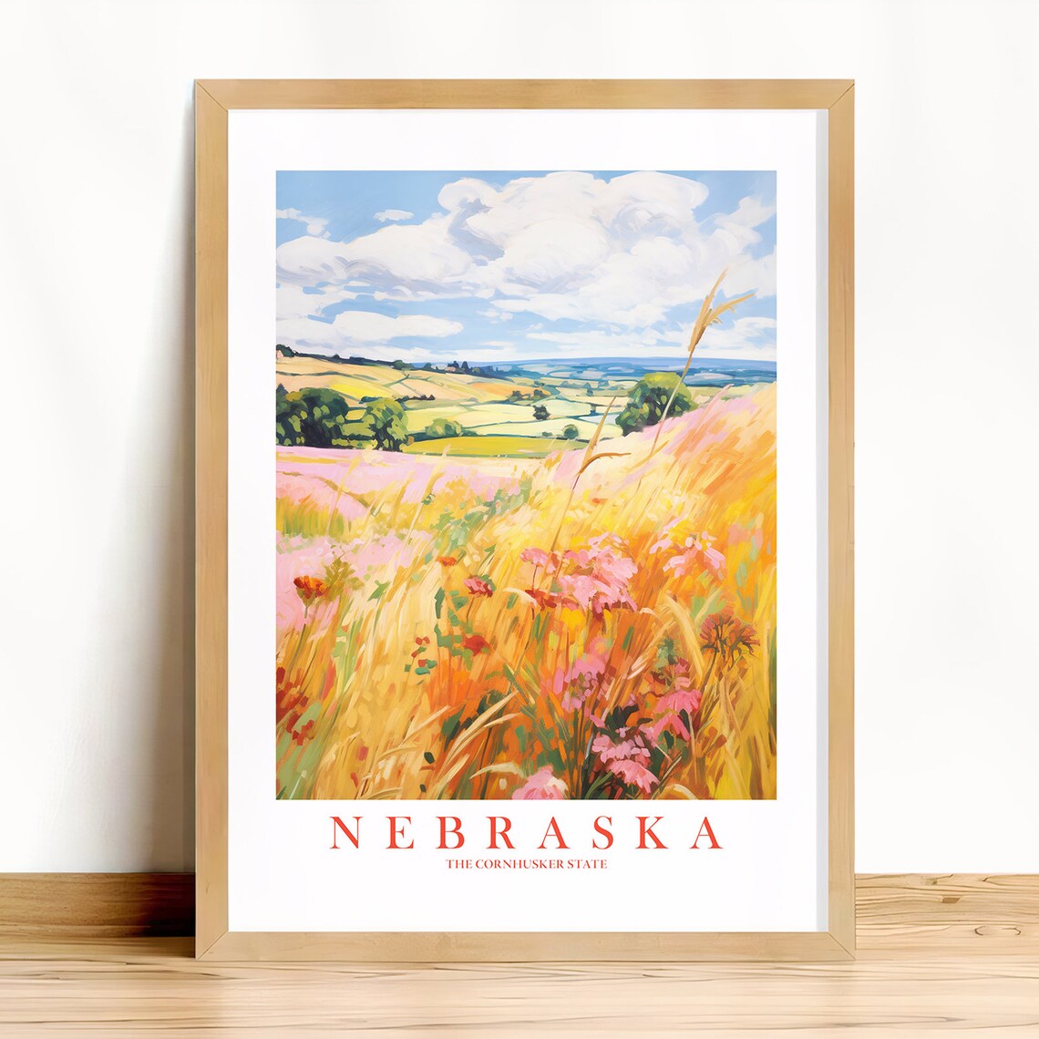 Nebraska Travel Poster, Retro Rural Landscape Art Print