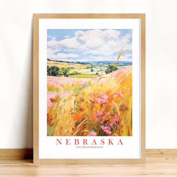 Nebraska Travel Poster, Retro Rural Landscape Art Print