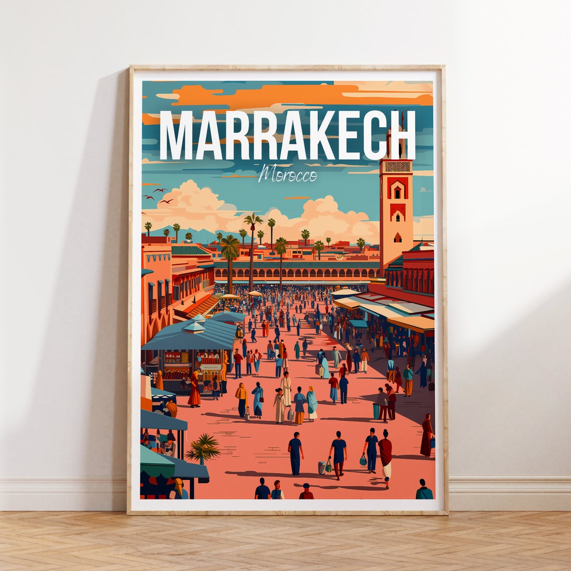 Marrakech Morocco Bustling Market Square Minaret Travel Poster