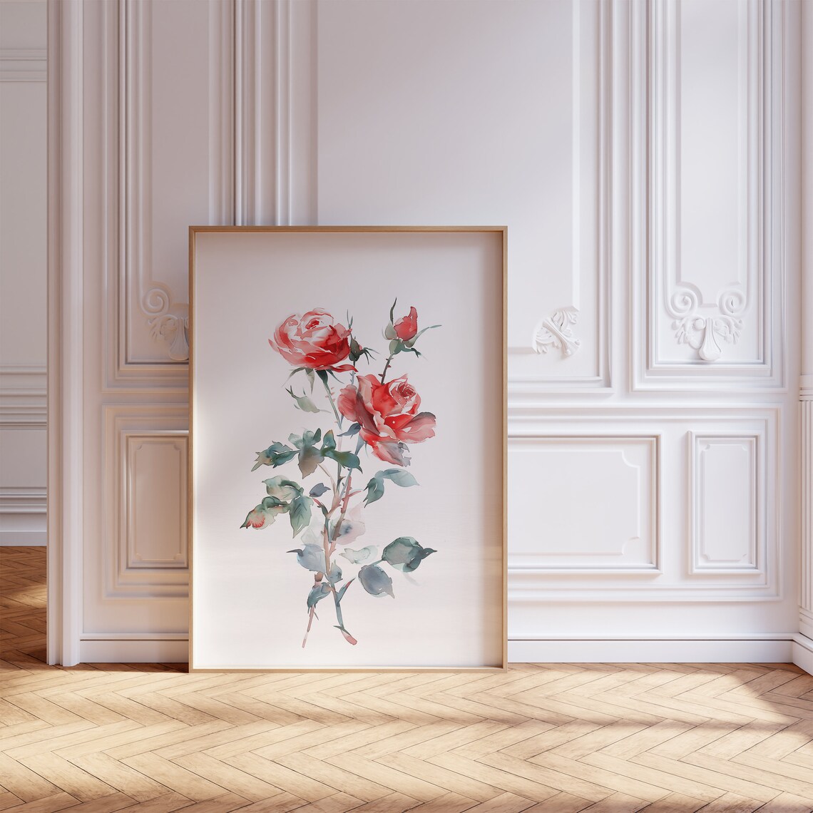 Red Rose Watercolor Stem Minimalist Romantic Beautiful Flower Poster - Image 2