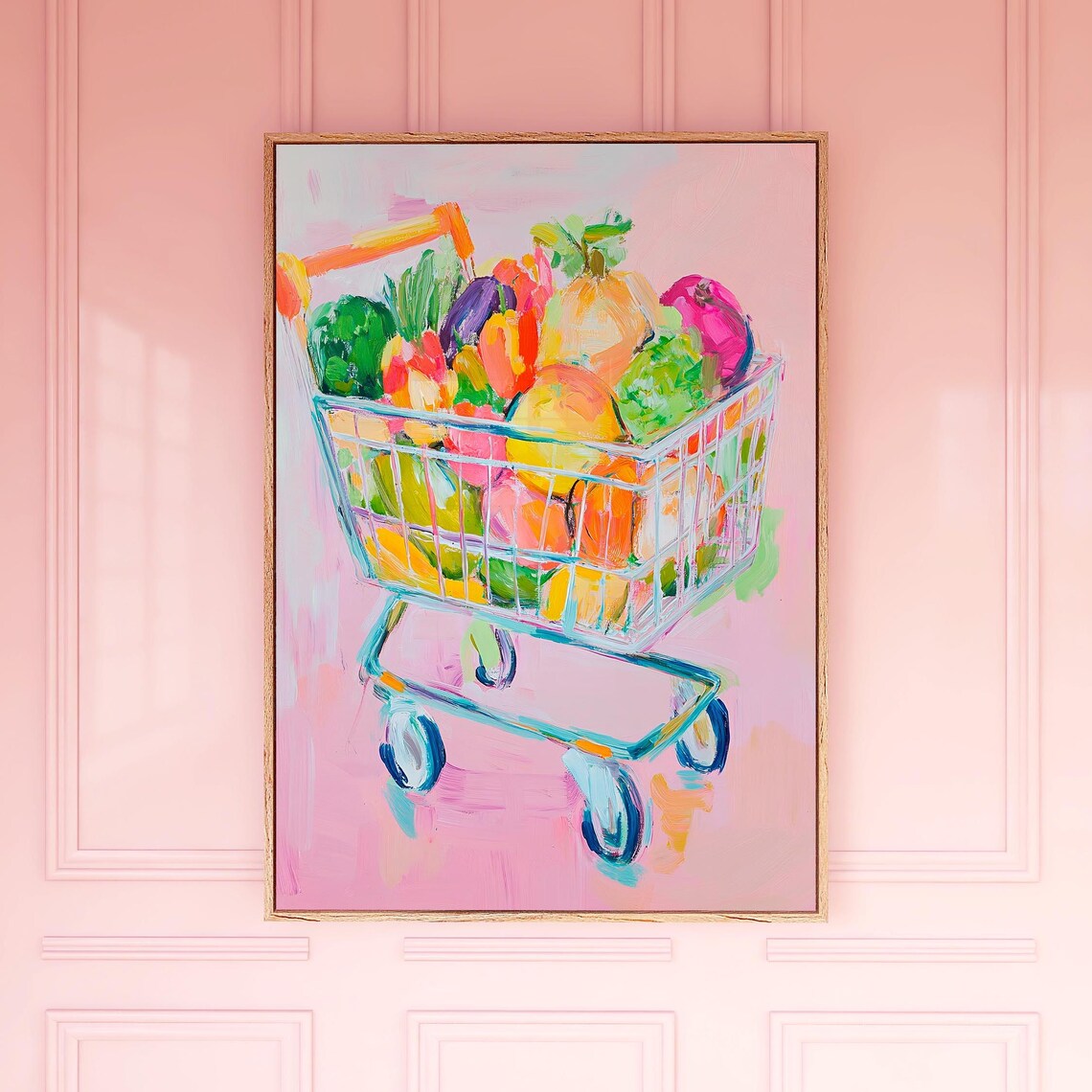 Shopping Cart Full of Colorful Produce Modern Kitchen Painting Wall Art