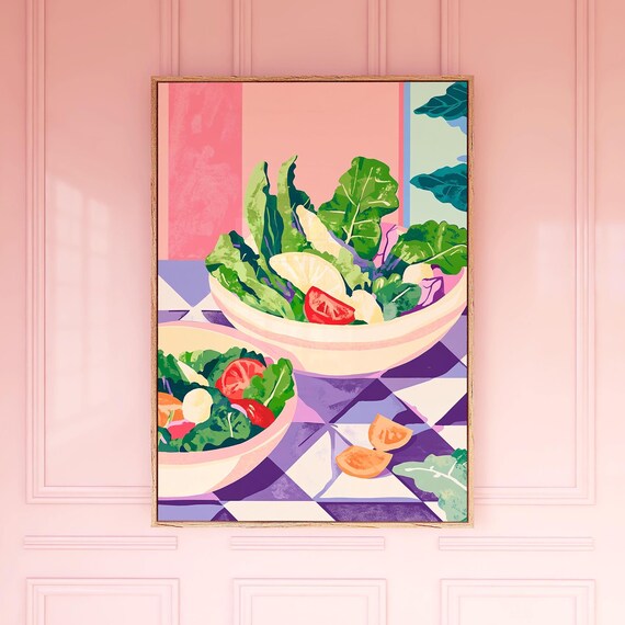 Garden Salad Bowls Painting Poster Fresh Greens on Checkered Cloth