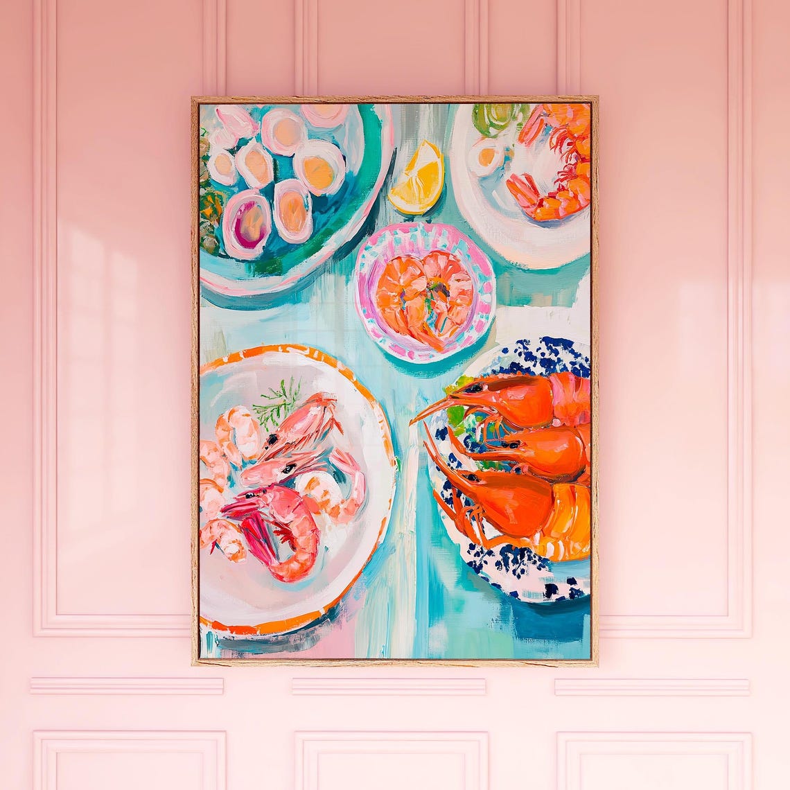 Colorful Seafood Spread Shrimp Oysters Painterly Table Art Poster