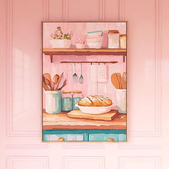 Pink Kitchen Painting Rustic Shelf Fresh Bread Utensils Cozy Art Poster