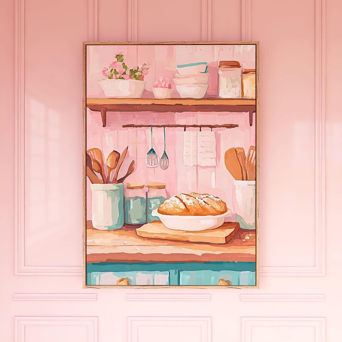 Pink Kitchen Painting Rustic Shelf Fresh Bread Utensils Cozy Art Poster