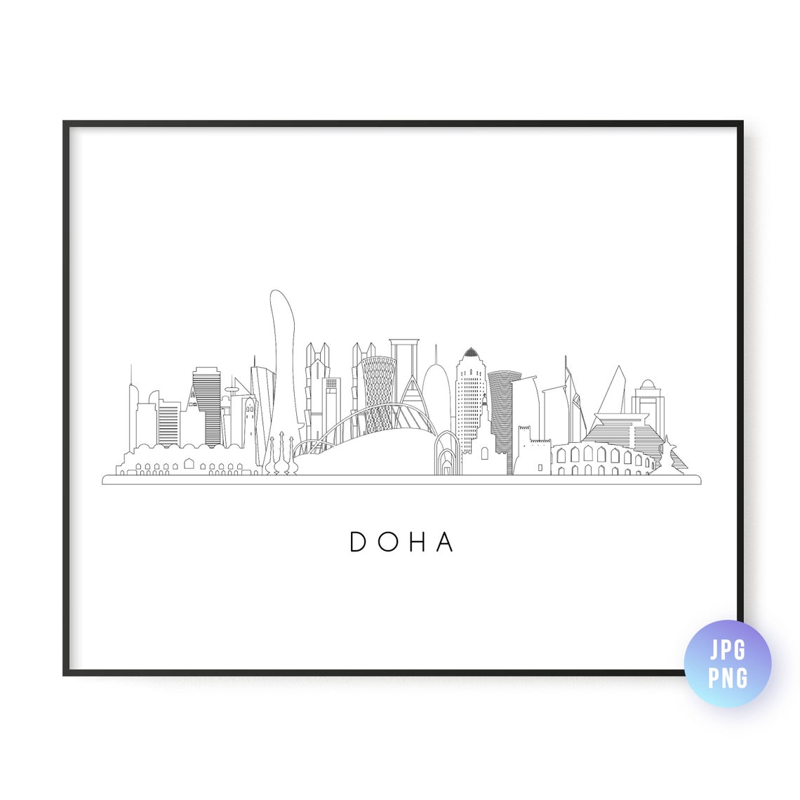 Doha Qatar Modern Downtown Skyline Line Art Minimalist City Poster