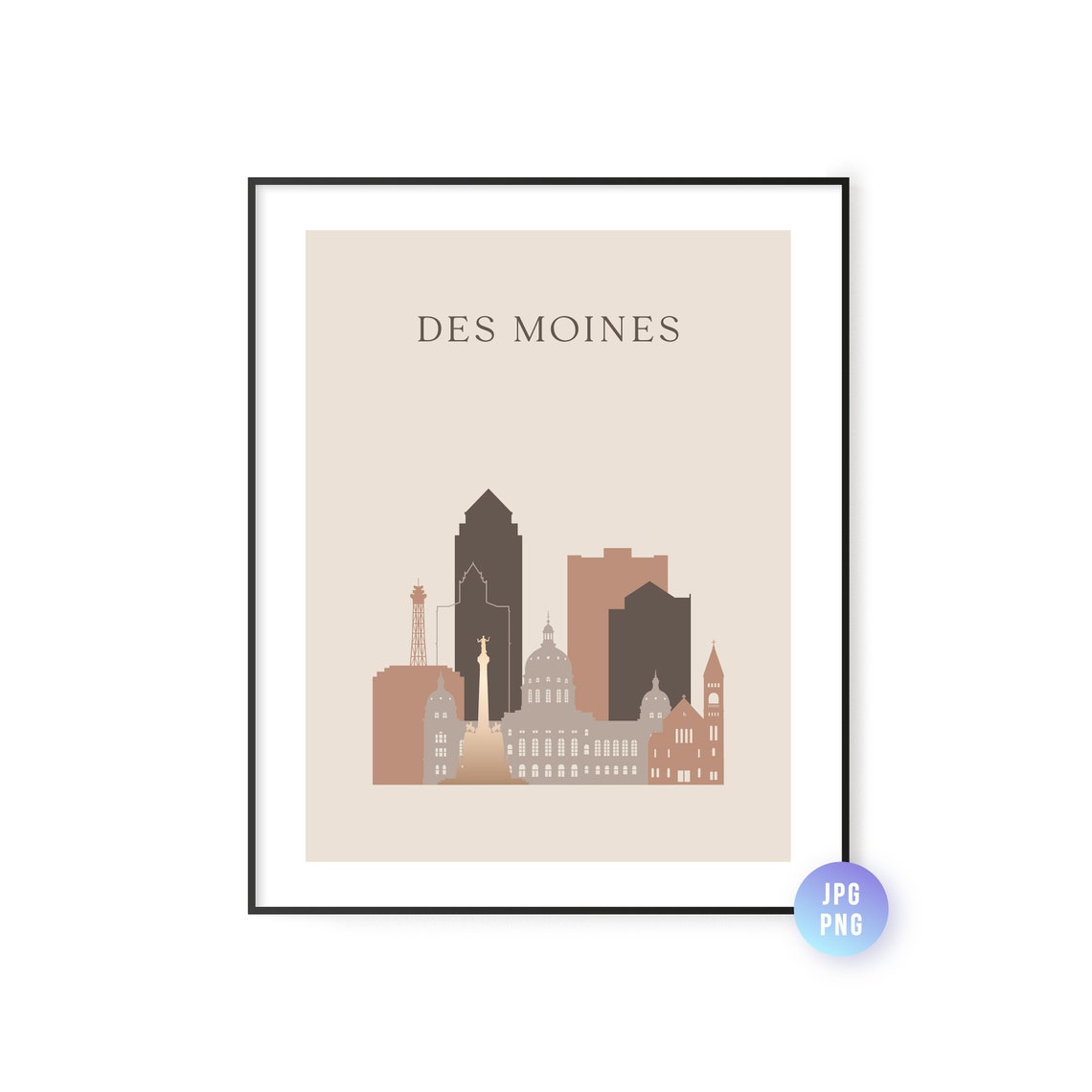 Des Moines Iowa Minimalist Beige Skyline Silhouette Wall Art