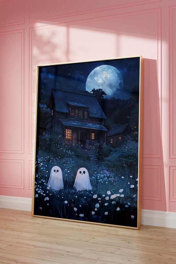 Two Cute Ghosts in Moonlit Flower Garden Spooky Night House Poster