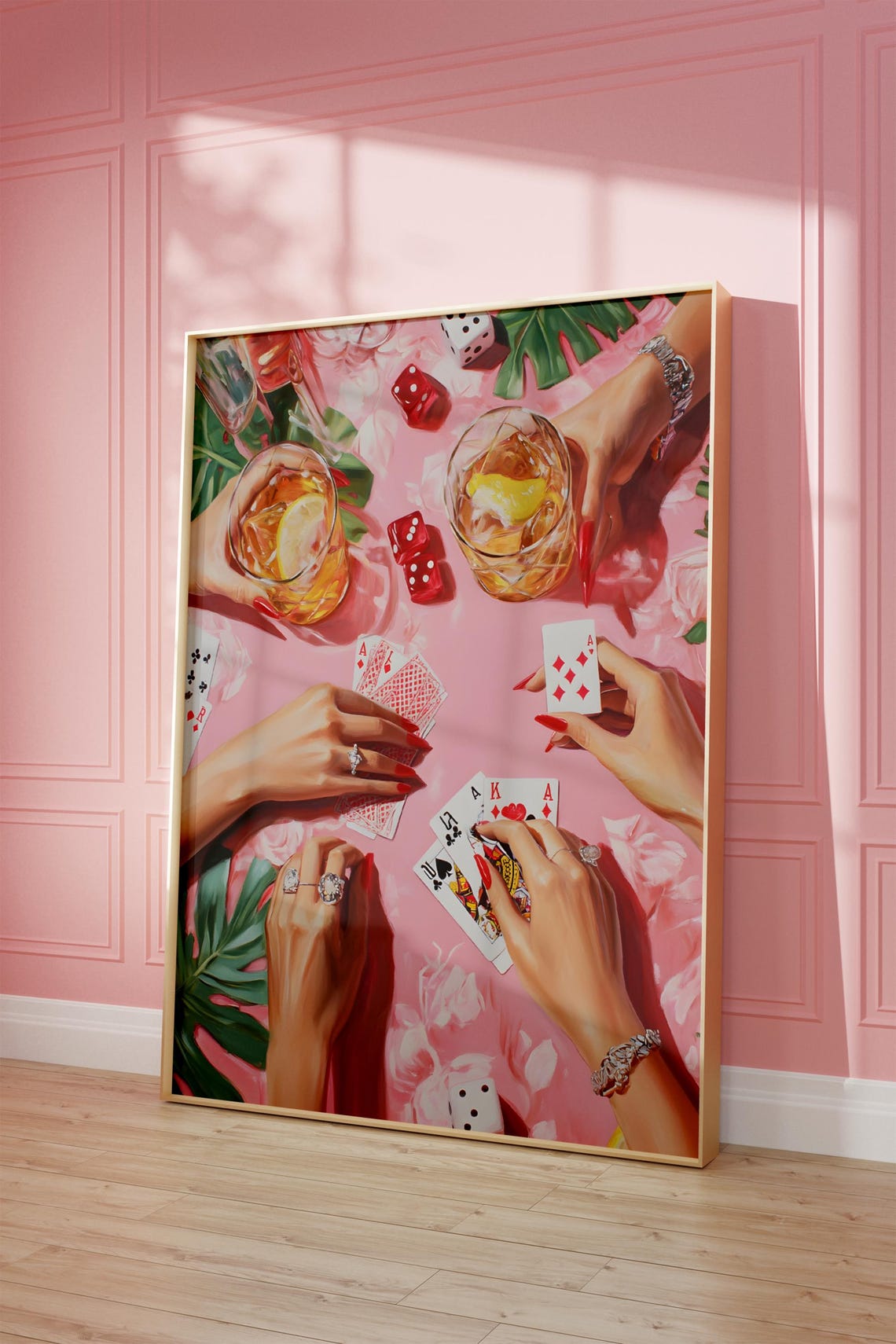 Cheers Cocktail Party Hands Cards Dice Pink Bar Cart Game Night Poster