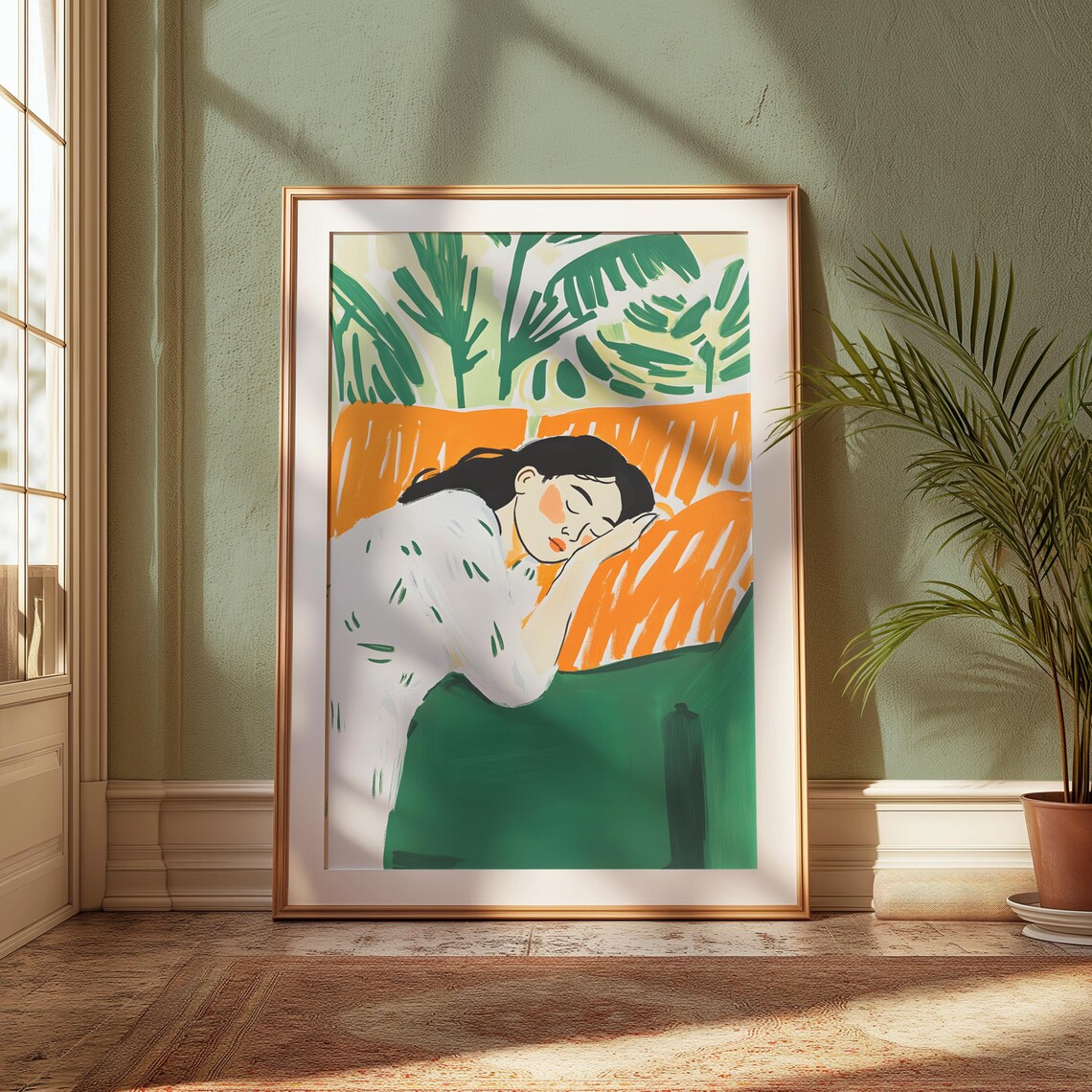 Green Orange Abstract People Large Wall Art Contemporary Print Minimalist Print Living Room Wall Art Stripe Woman Print - Image 3