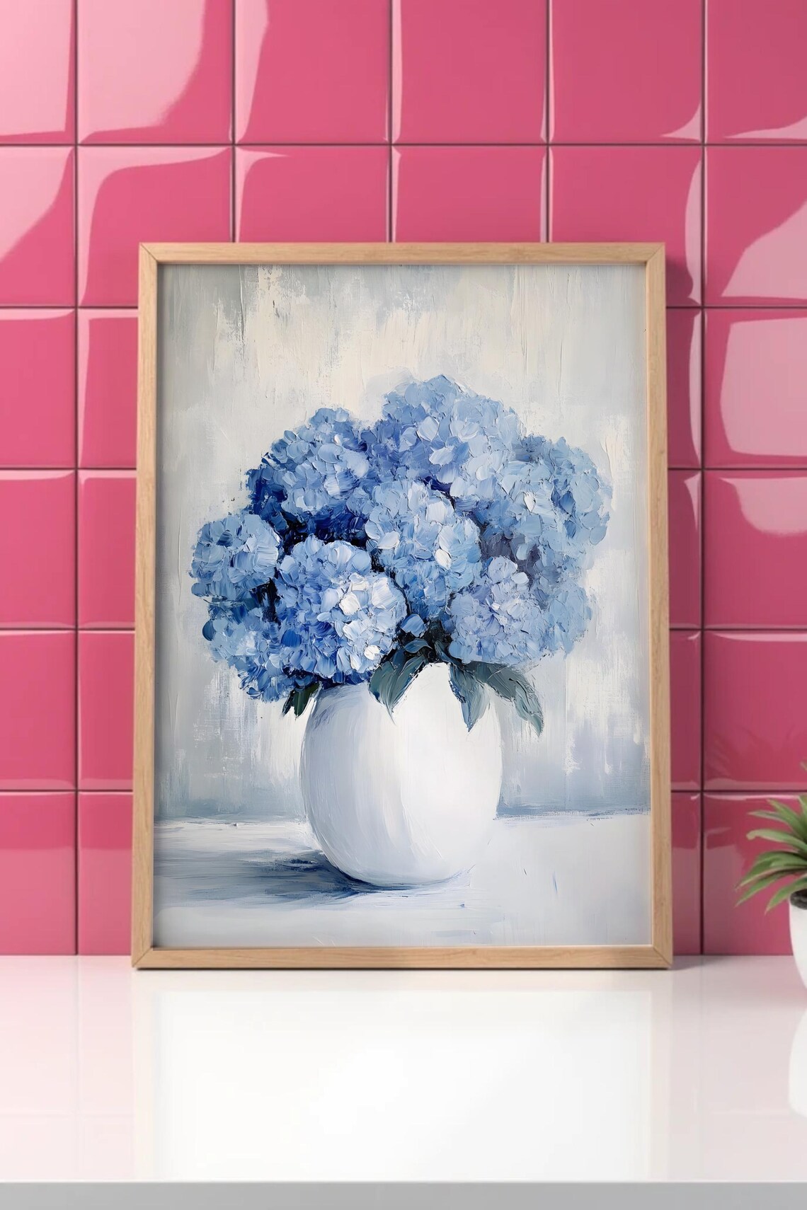 Blue Hydrangeas Bouquet In White Vase Oil Painting Floral Poster - Image 2