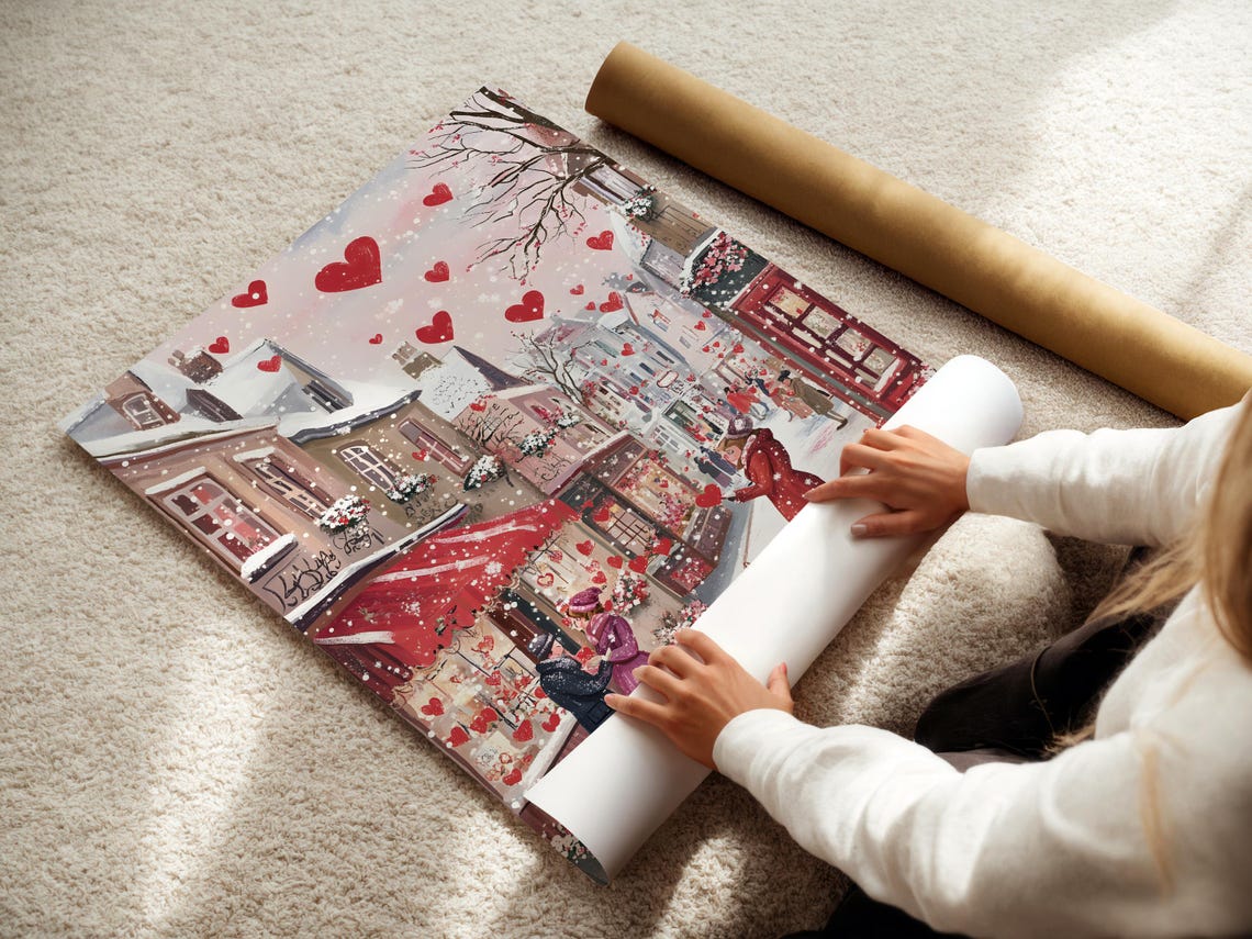 Snowy Valentine Town Street Couple Hearts Falling Romantic Poster - Image 3