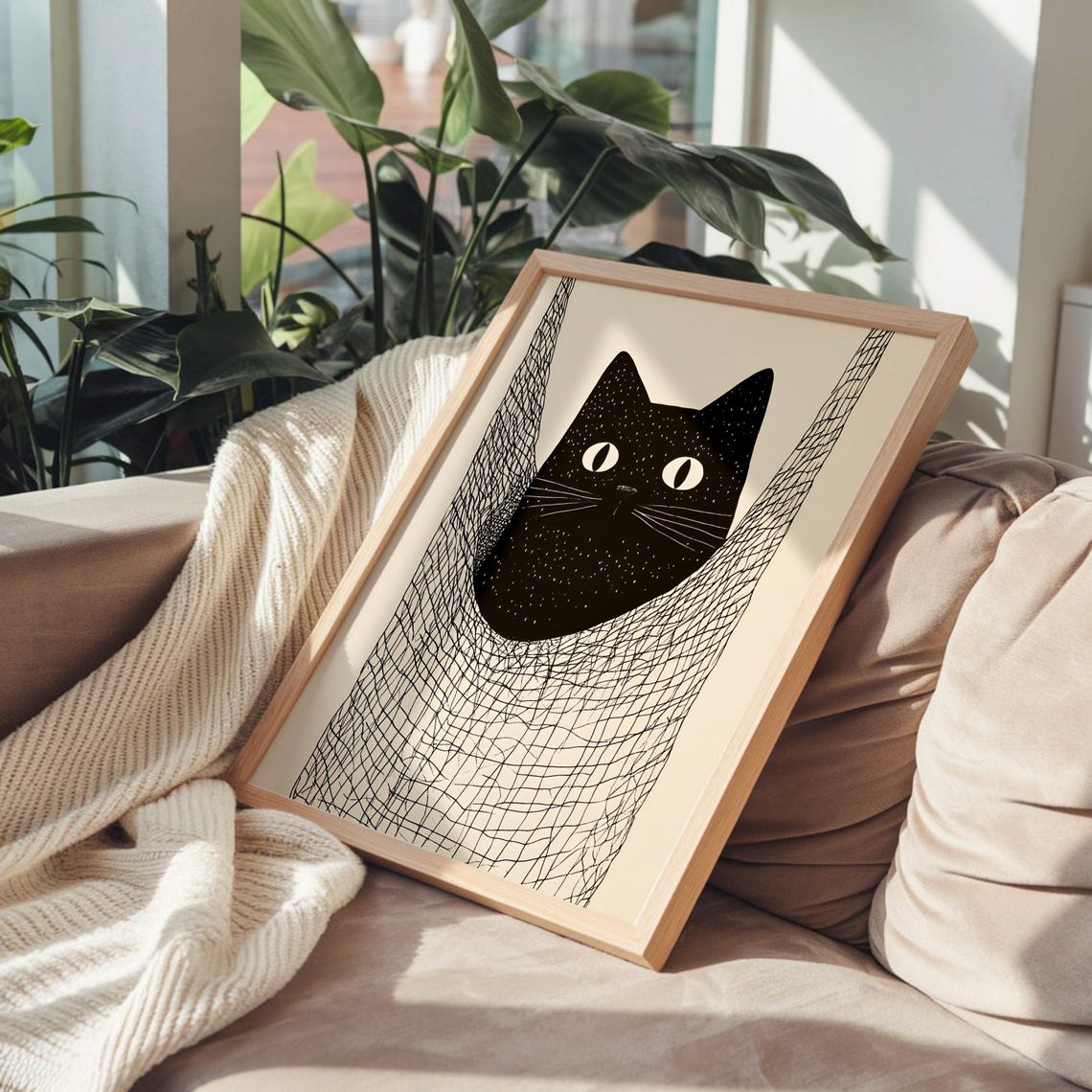 Black Cat in String Hammock Funny Minimalist Line Art Poster - Image 2