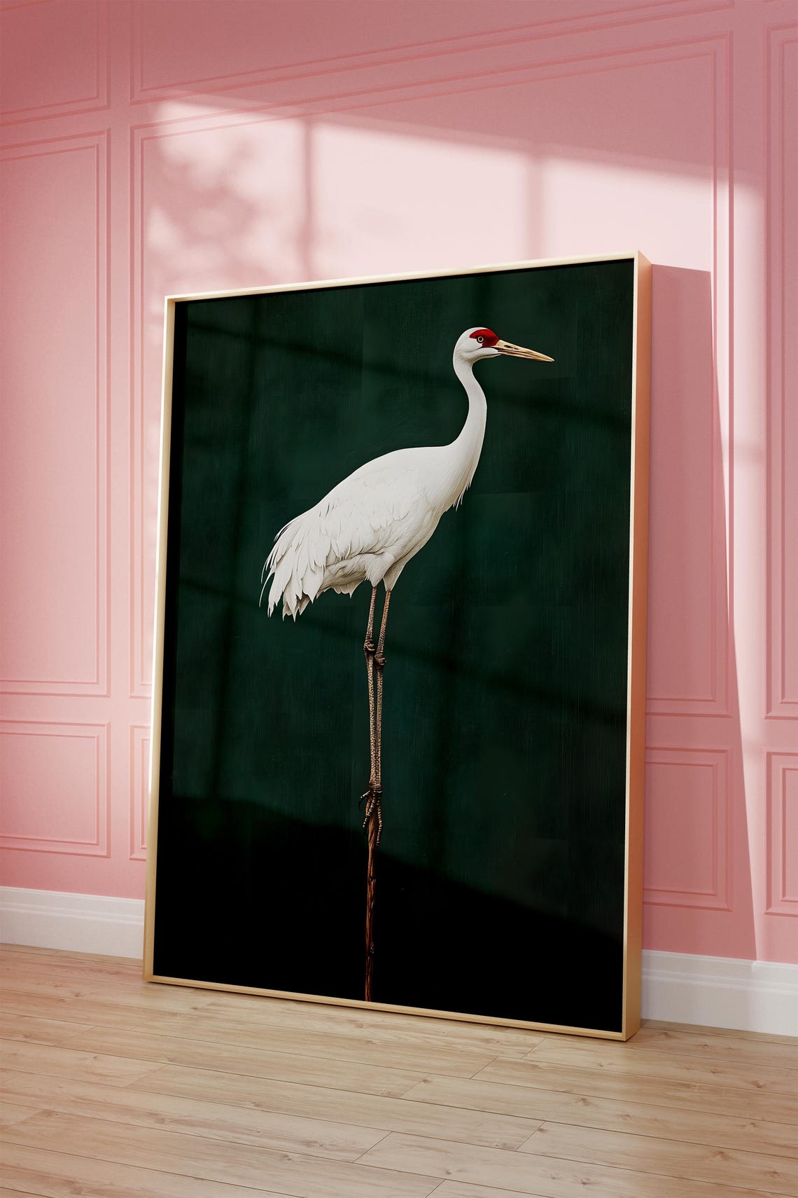 White Japanese Crane Standing On Dark Green Background Art Poster