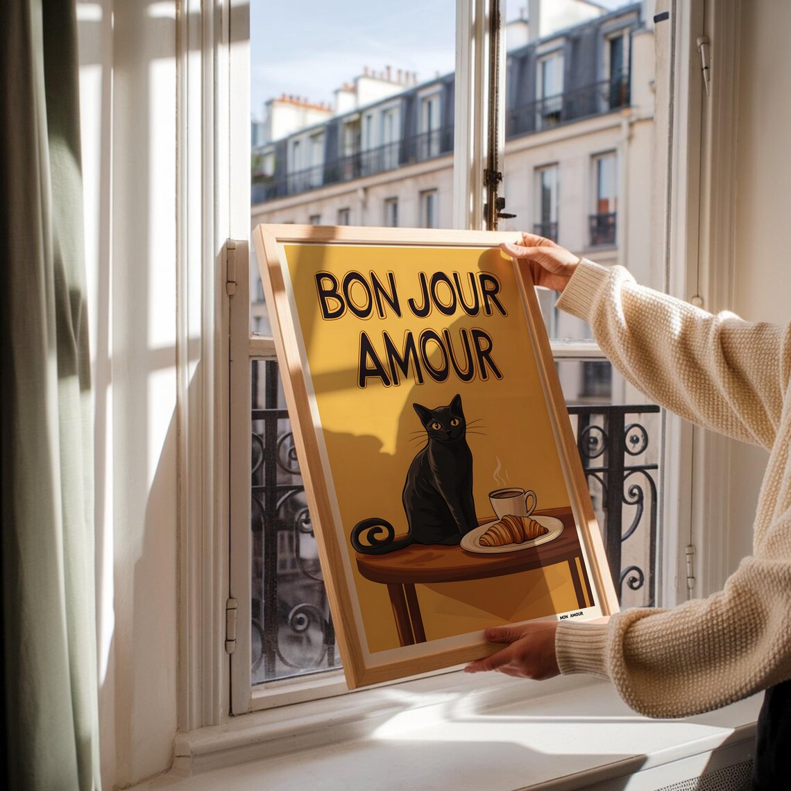 Bon Jour Amour Black Cat With Croissant Coffee French Cafe Art Poster - Image 2