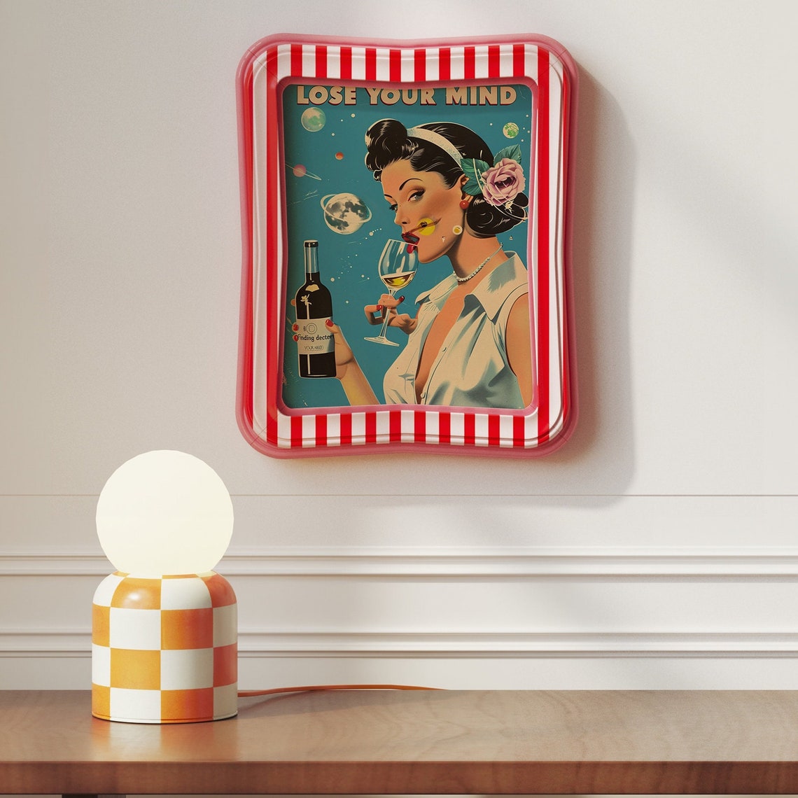 Lose Your Mind Vintage Pin-Up Wine Retro Cosmic Bar Cart Style Poster - Image 3