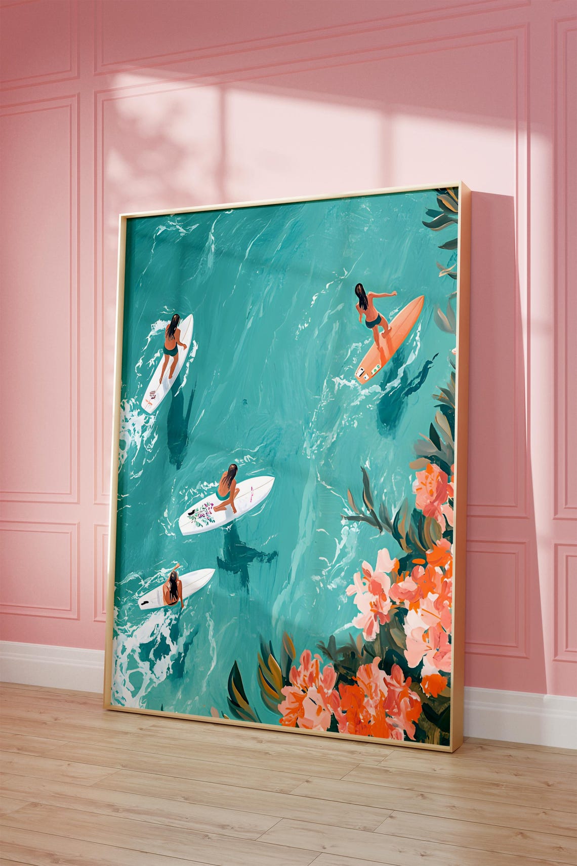 Aerial View Surfer Girls Turquoise Ocean Waves Surfing Scene Poster