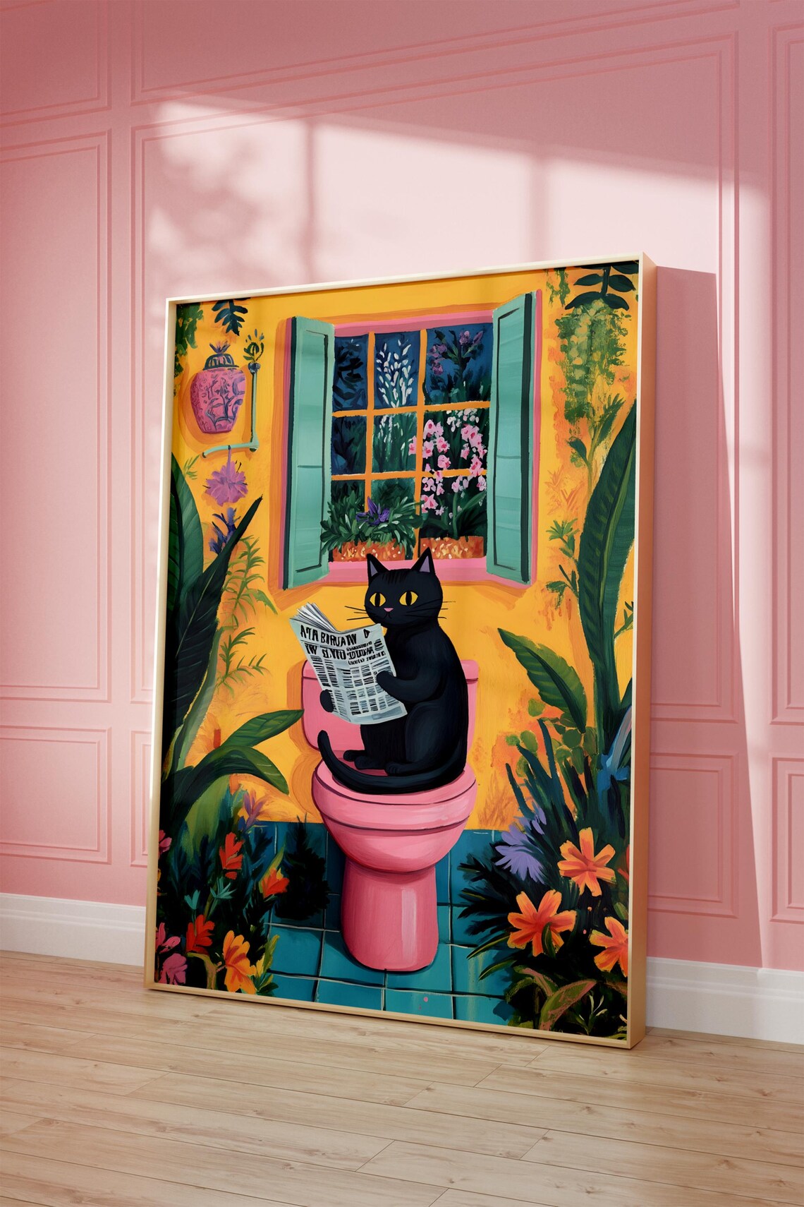 Black Cat on Toilet, Funny Bathroom Wall Art Print