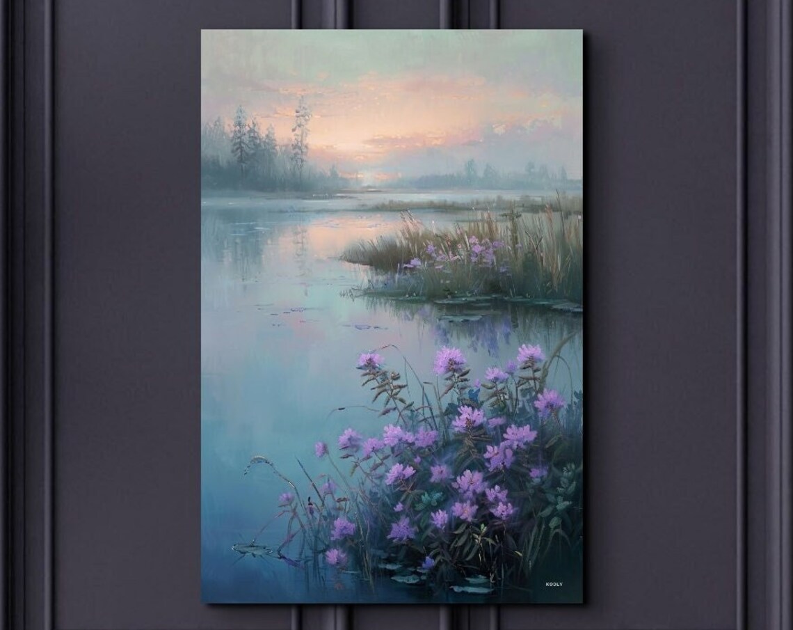 Purple Thistles At Sunrise Misty Lake Floral Landscape Poster
