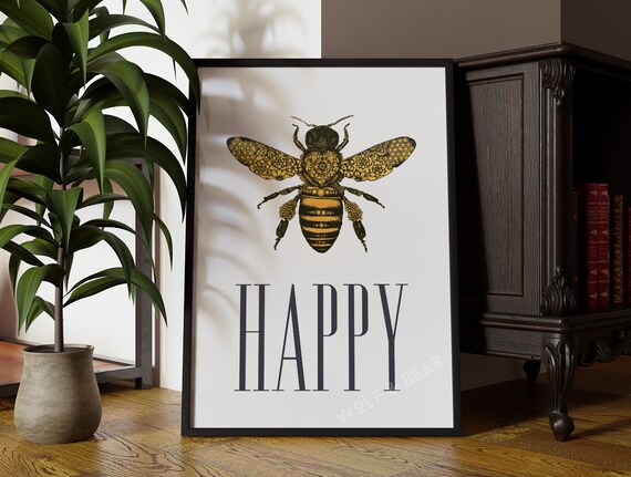 Bee Print, Be Happy Art Print, Quirky Decor
