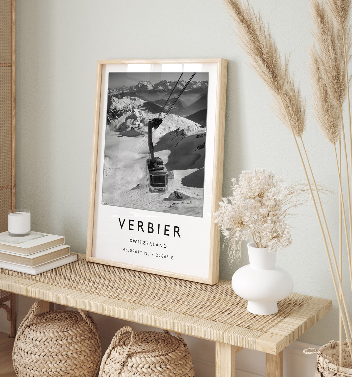 Verbier Switzerland Ski Resort Black and White Cable Car Travel Poster - Image 2