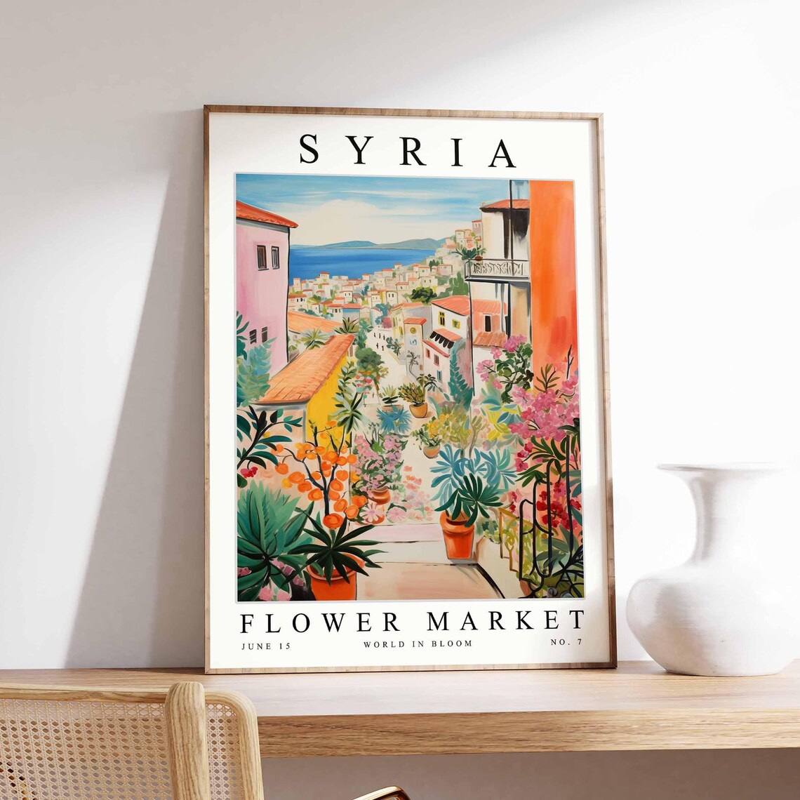 Syria Sunny Terrace View Seaside Town Potted Flowers Art Poster