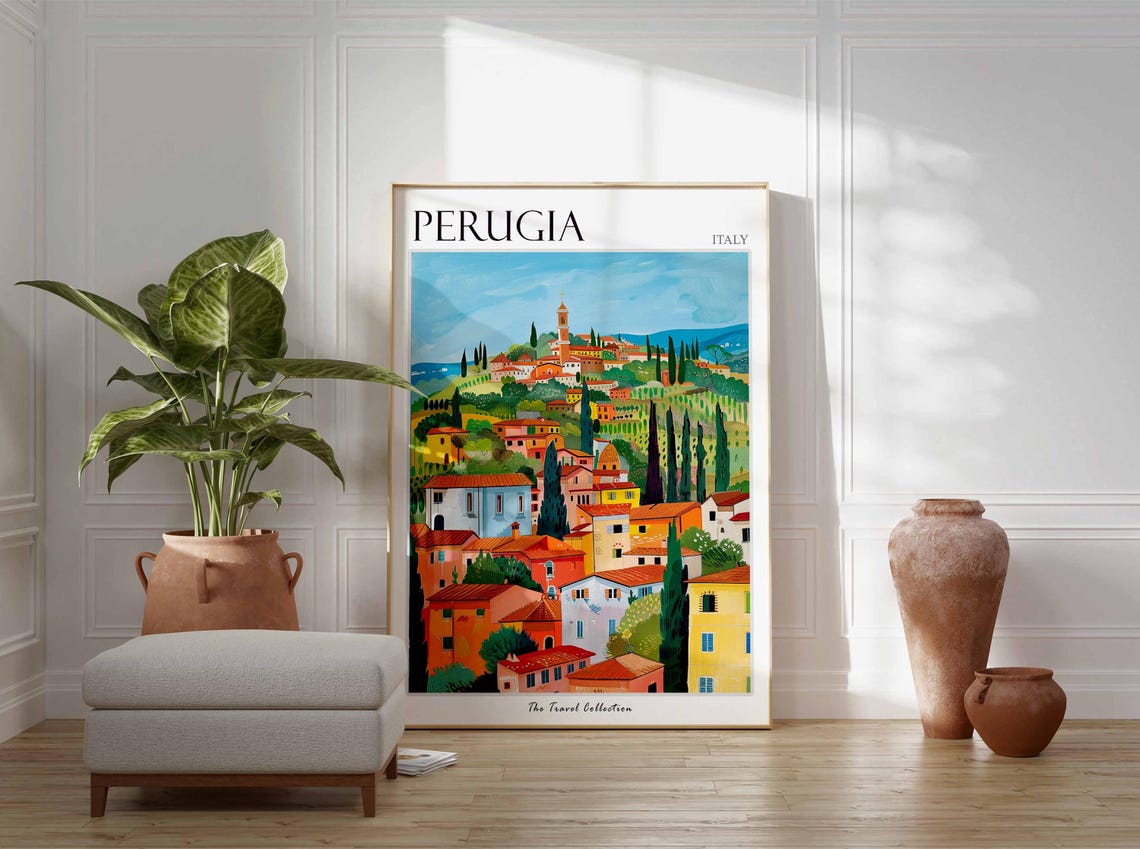 Perugia Italy Hillside Town Cypress Trees Scenic Travel Poster - Image 2