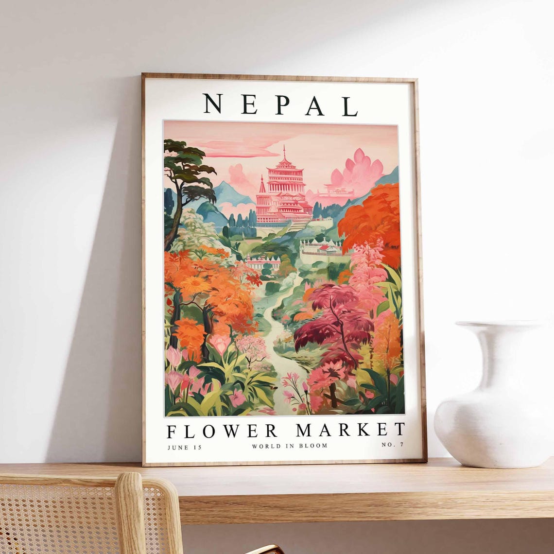 Nepal Flower Market Snowy Himalayan Peak Pink Blossom Village Poster