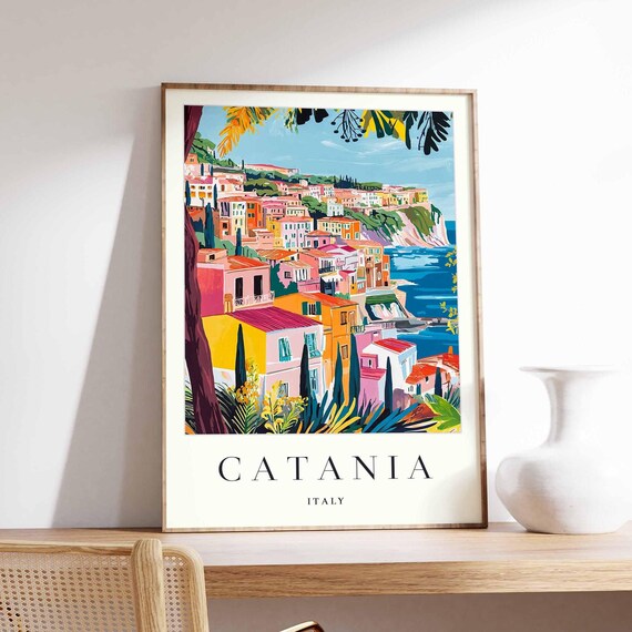 Catania Italy Sicily Colorful Cliff Coastal Town Sea View Poster