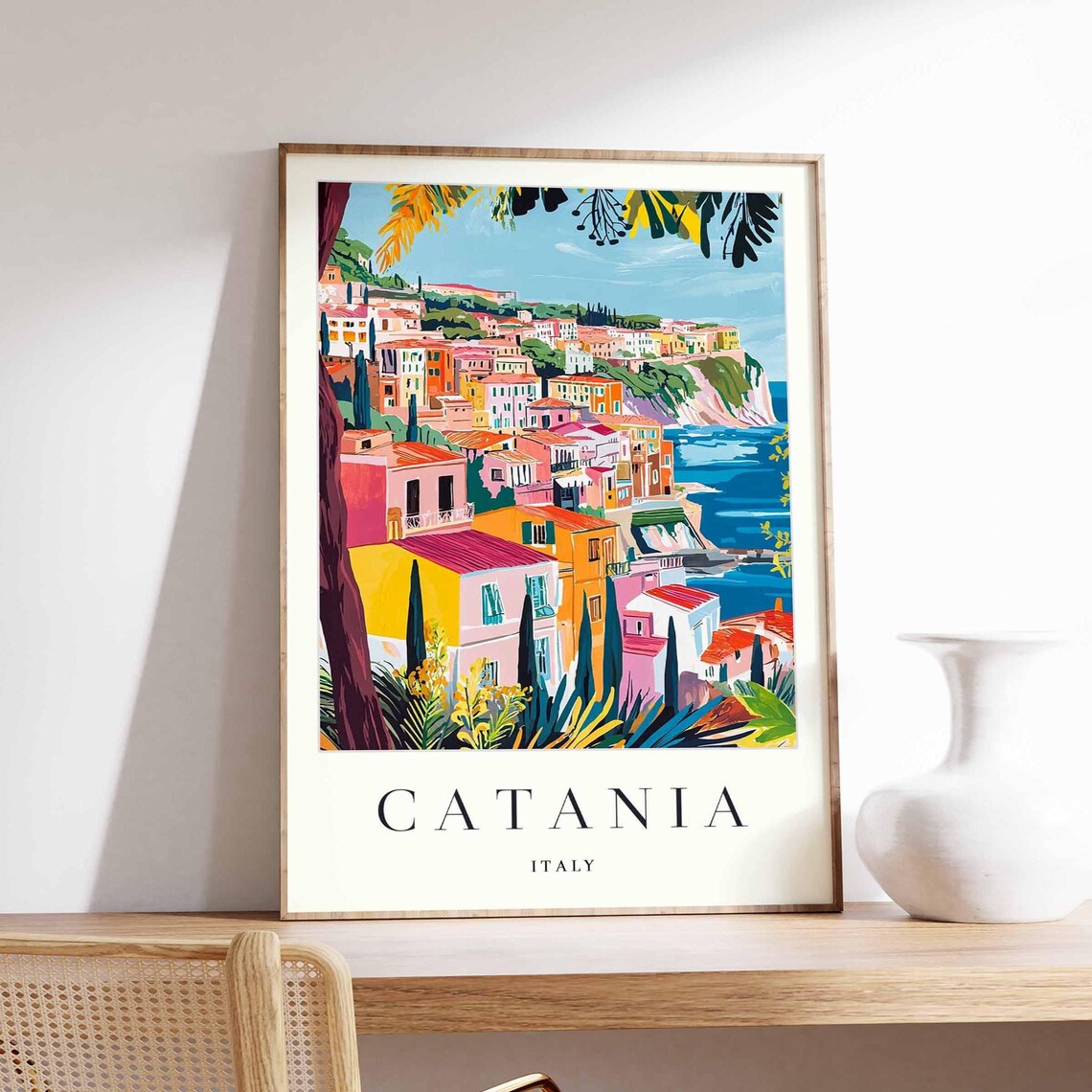 Catania Italy Sicily Colorful Cliff Coastal Town Sea View Poster