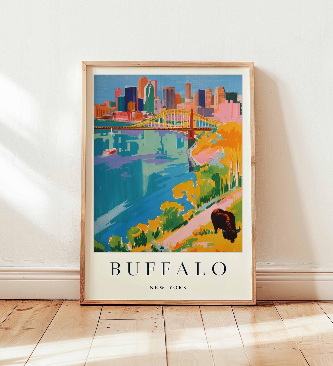 Buffalo New York Skyline Yellow Bridge River Bison Travel Poster