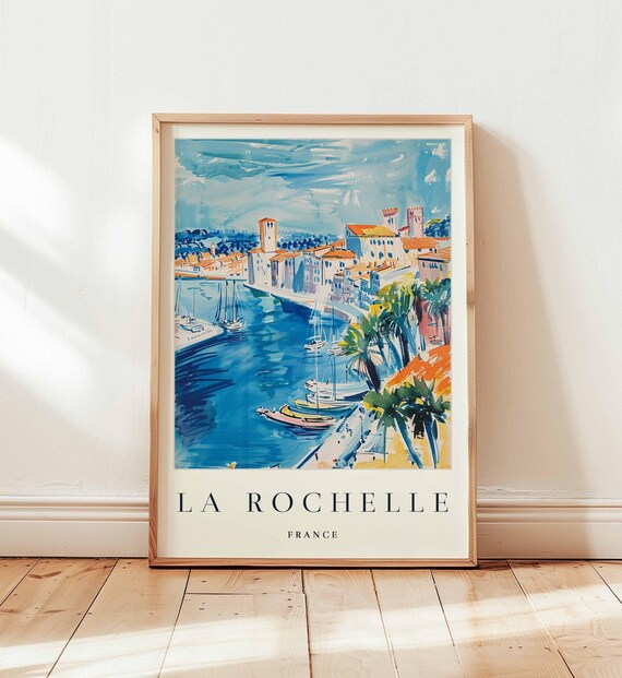 La Rochelle France Vintage Watercolor Coastal Harbor Travel Poster