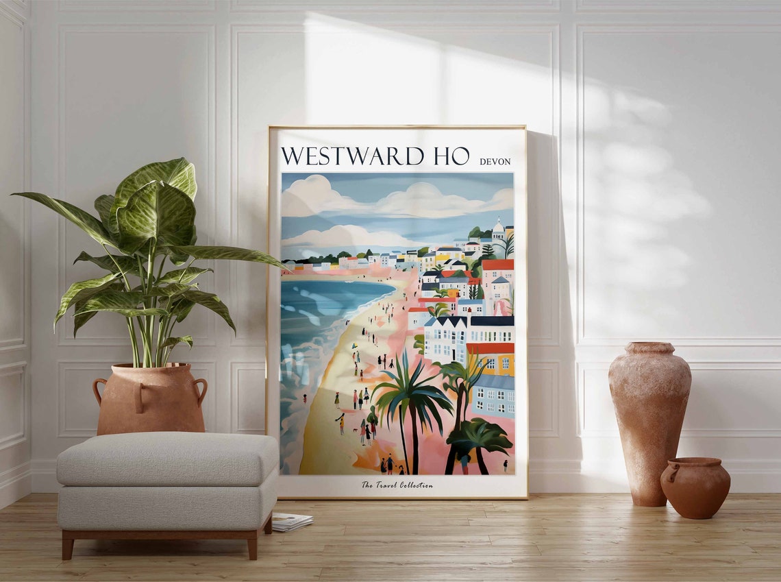 Westward Ho Devon Travel Poster Pastel Beach Town Palm Bathers Art - Image 3