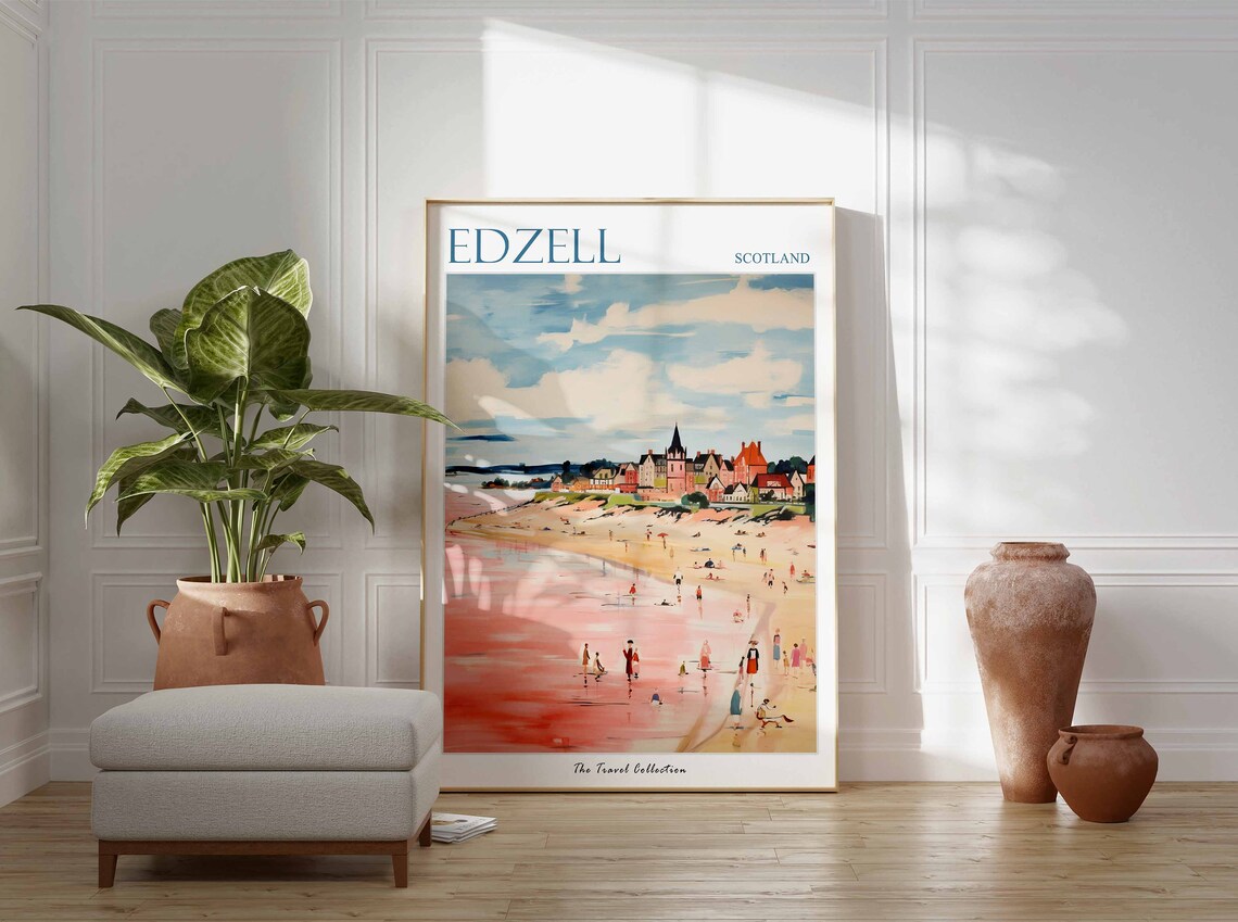 Edzell Scotland Pink Reflective Beach With Town View Travel Poster - Image 3