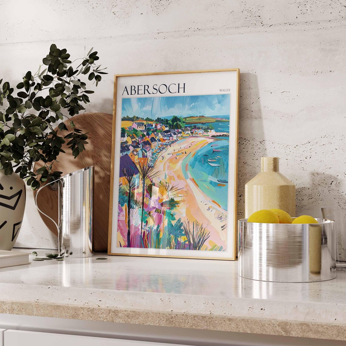 Abersoch Wales Vibrant Abstract Beach Palms Art Travel Collection Poster - Image 2