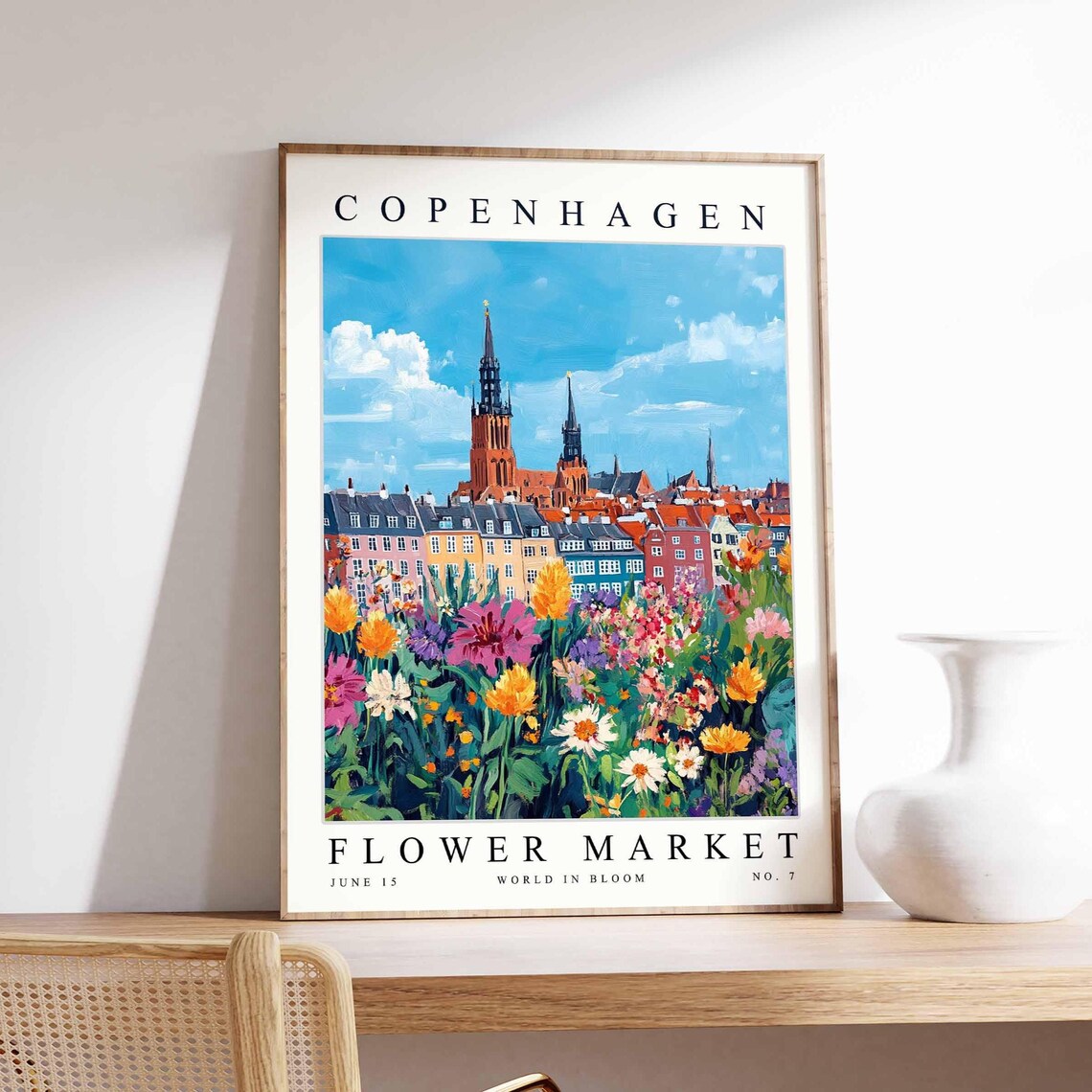 Copenhagen Flower Market June Blooms Church Spires Cityscape Poster